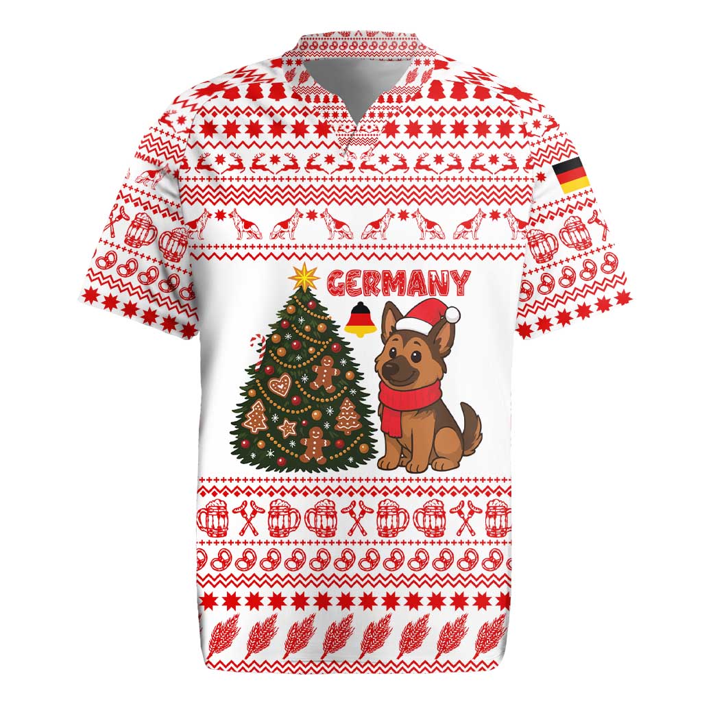 Germany Christmas Rugby Jersey with German Shepherd Dog Gingerbread Tree and Red Holiday Pattern - Wonder Print Shop