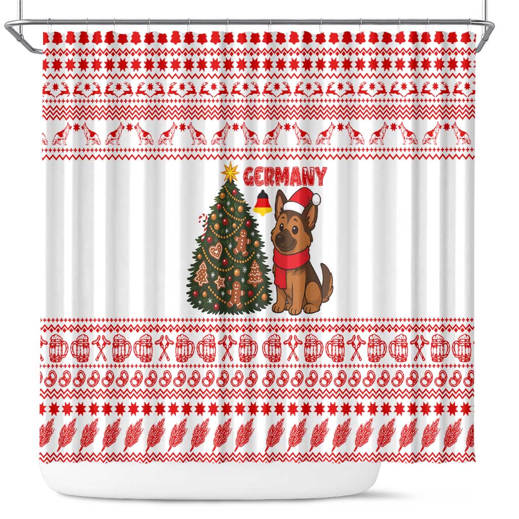 Germany Christmas Shower Curtain with German Shepherd Dog Gingerbread Tree and Red Holiday Pattern - Wonder Print Shop