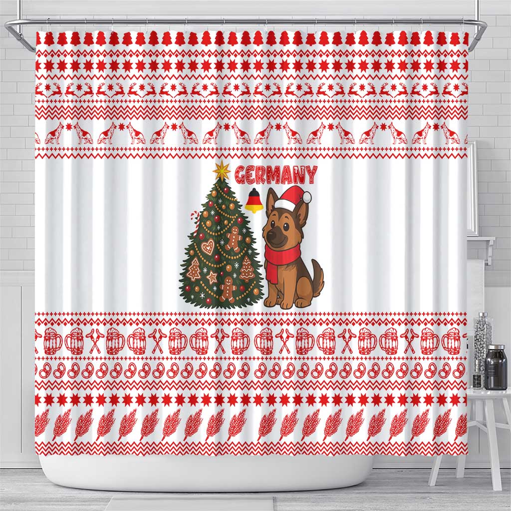 Germany Christmas Shower Curtain with German Shepherd Dog Gingerbread Tree and Red Holiday Pattern - Wonder Print Shop