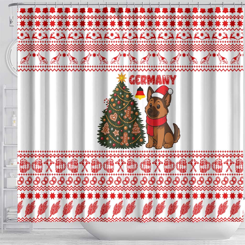 Germany Christmas Shower Curtain with German Shepherd Dog Gingerbread Tree and Red Holiday Pattern - Wonder Print Shop