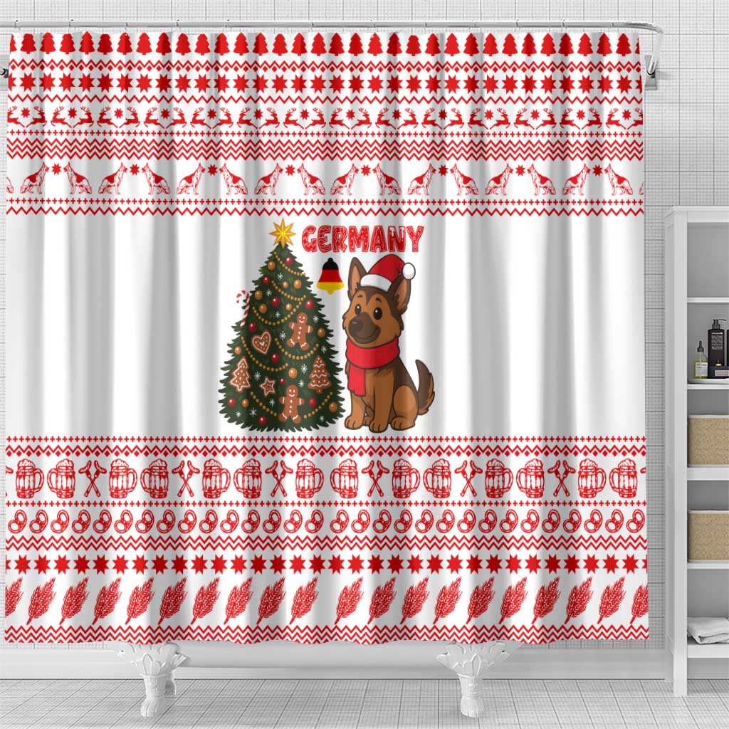 Germany Christmas Shower Curtain with German Shepherd Dog Gingerbread Tree and Red Holiday Pattern - Wonder Print Shop