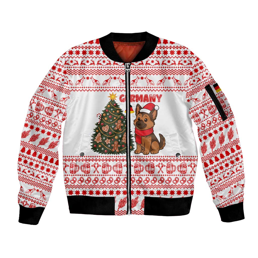 Germany Christmas Sleeve Zip Bomber Jacket with German Shepherd Dog Gingerbread Tree and Red Holiday Pattern - Wonder Print Shop