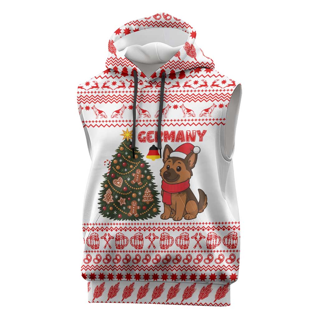 Germany Christmas Sleeveless Hoodie with German Shepherd Dog Gingerbread Tree and Red Holiday Pattern - Wonder Print Shop