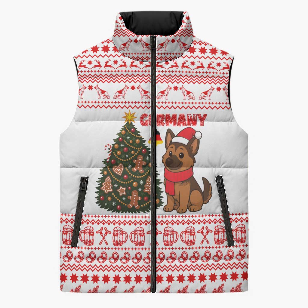 Germany Christmas Sleeveless Puffer Jacket with German Shepherd Dog Gingerbread Tree and Red Holiday Pattern - Wonder Print Shop