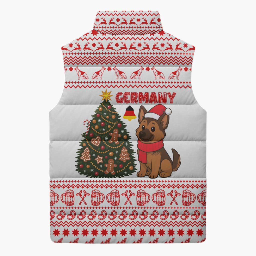 Germany Christmas Sleeveless Puffer Jacket with German Shepherd Dog Gingerbread Tree and Red Holiday Pattern - Wonder Print Shop