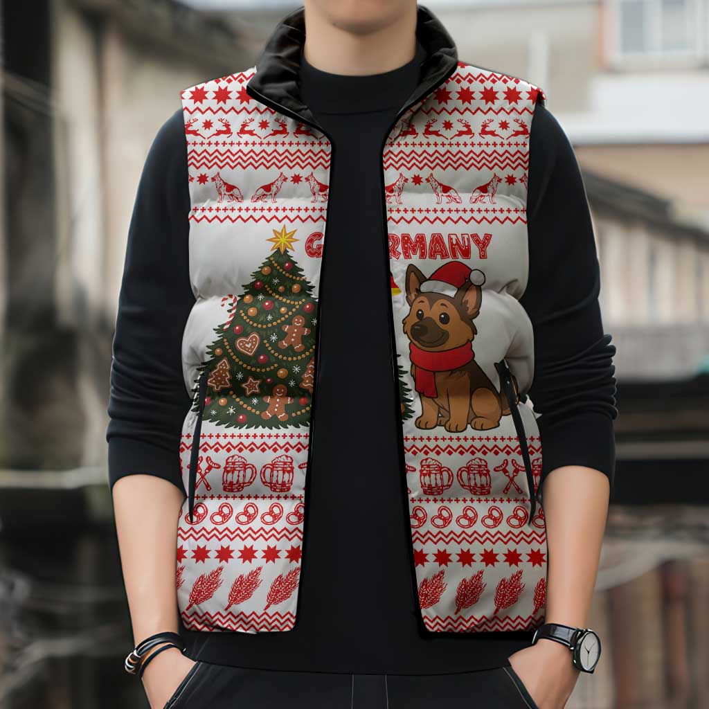 Germany Christmas Sleeveless Puffer Jacket with German Shepherd Dog Gingerbread Tree and Red Holiday Pattern - Wonder Print Shop