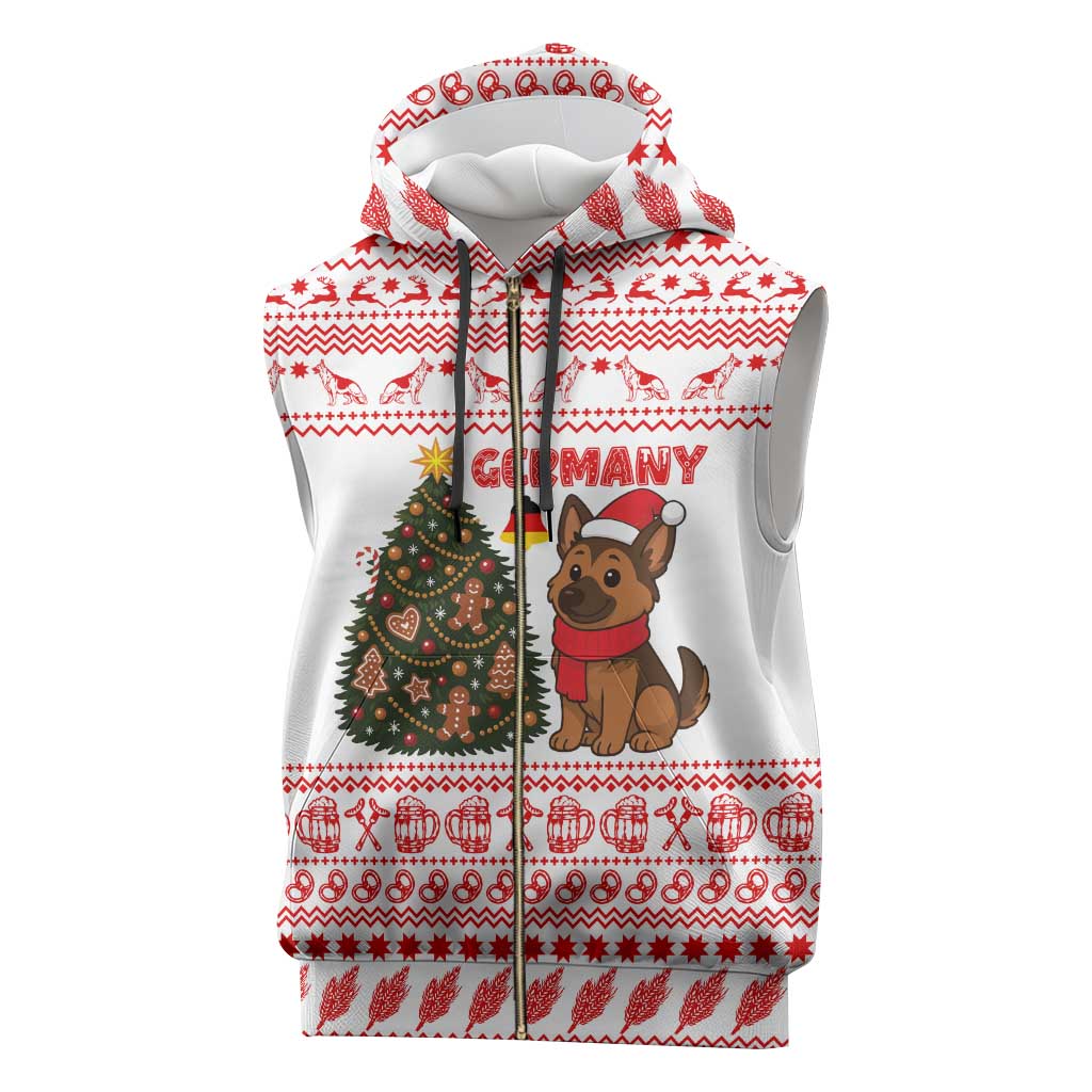 Germany Christmas Sleeveless Zip Hoodie with German Shepherd Dog Gingerbread Tree and Red Holiday Pattern - Wonder Print Shop
