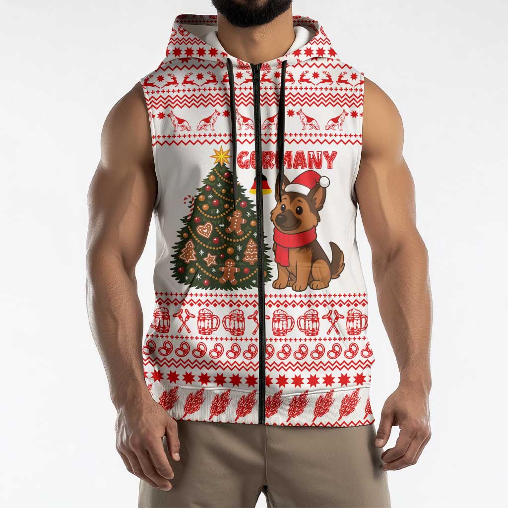 Germany Christmas Sleeveless Zip Hoodie with German Shepherd Dog Gingerbread Tree and Red Holiday Pattern - Wonder Print Shop