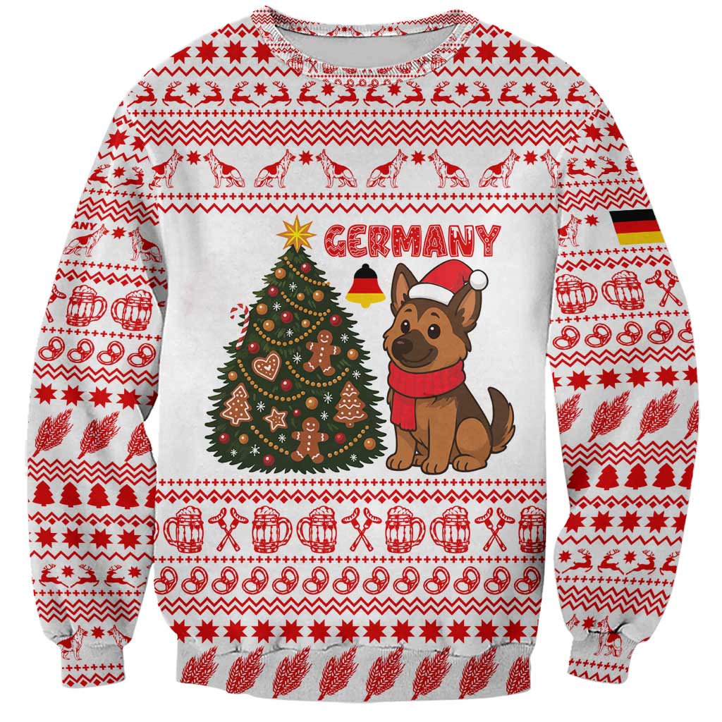 Germany Christmas Sweatshirt with German Shepherd Dog Gingerbread Tree and Red Holiday Pattern - Wonder Print Shop