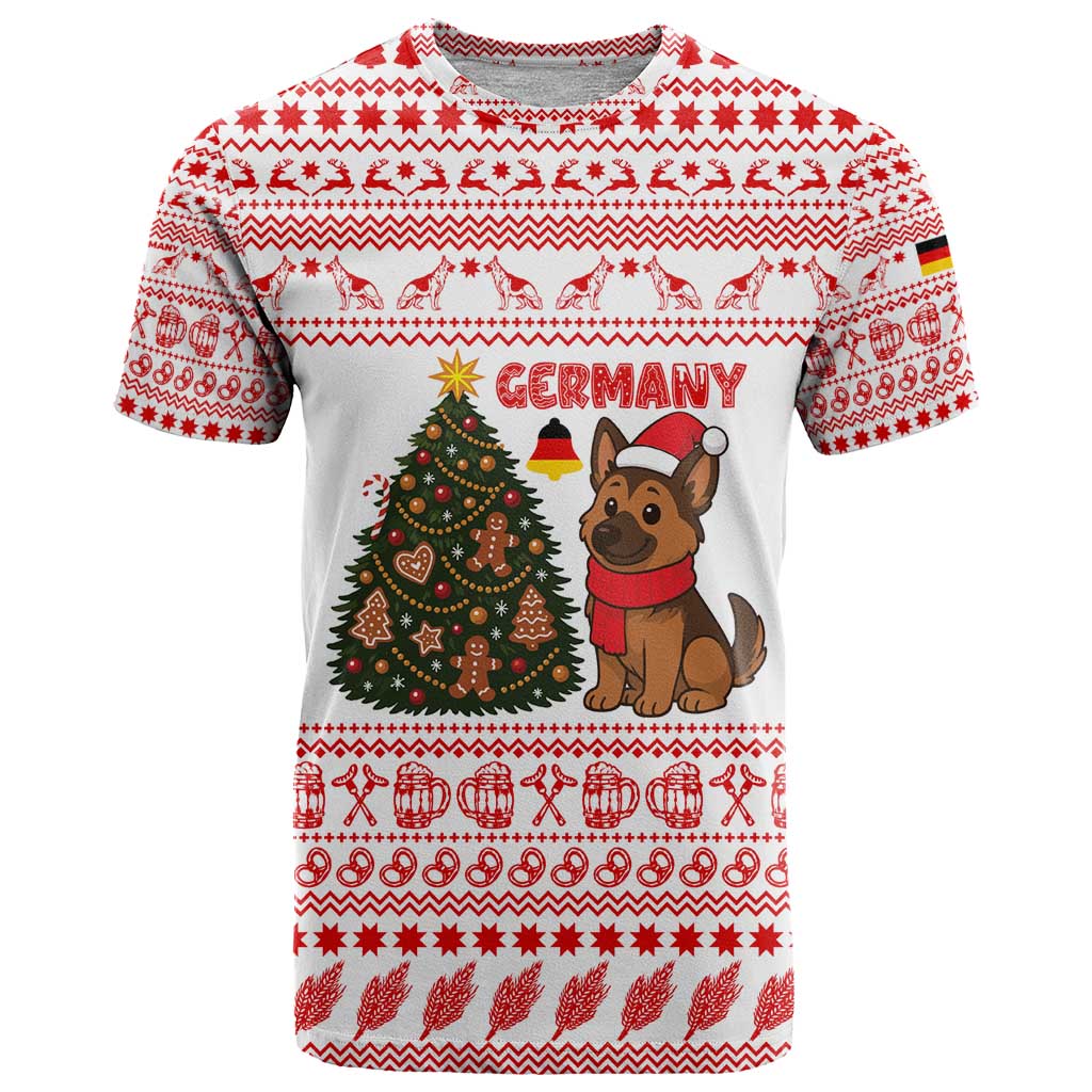 Germany Christmas T Shirt with German Shepherd Dog Gingerbread Tree and Red Holiday Pattern - Wonder Print Shop