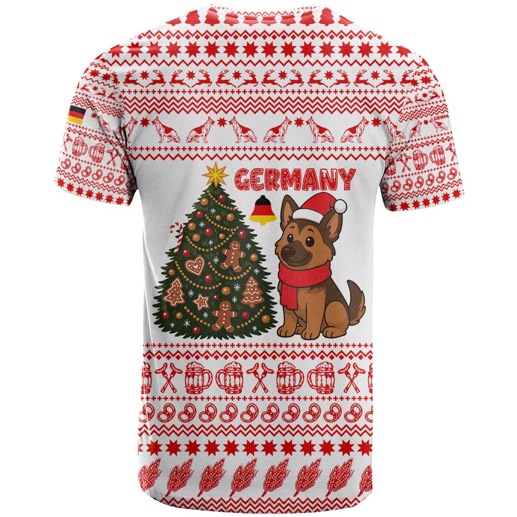 Germany Christmas T Shirt with German Shepherd Dog Gingerbread Tree and Red Holiday Pattern - Wonder Print Shop