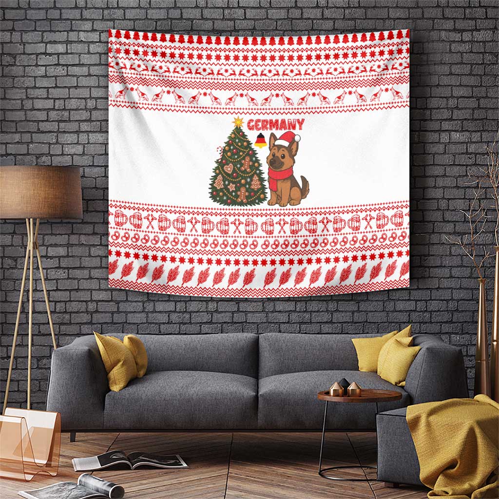 Germany Christmas Tapestry with German Shepherd Dog Gingerbread Tree and Red Holiday Pattern - Wonder Print Shop