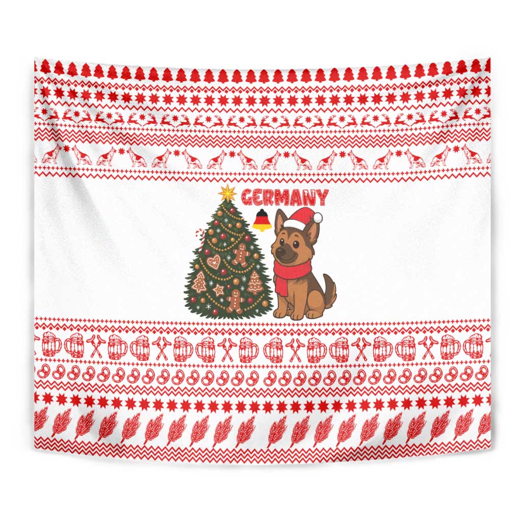 Germany Christmas Tapestry with German Shepherd Dog Gingerbread Tree and Red Holiday Pattern - Wonder Print Shop