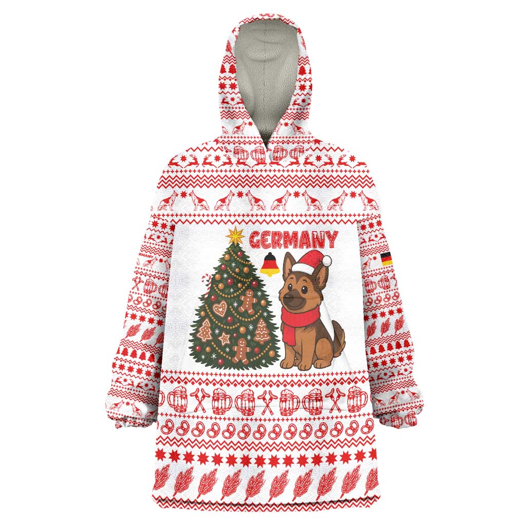 Germany Christmas Wearable Blanket Hoodie with German Shepherd Dog Gingerbread Tree and Red Holiday Pattern - Wonder Print Shop