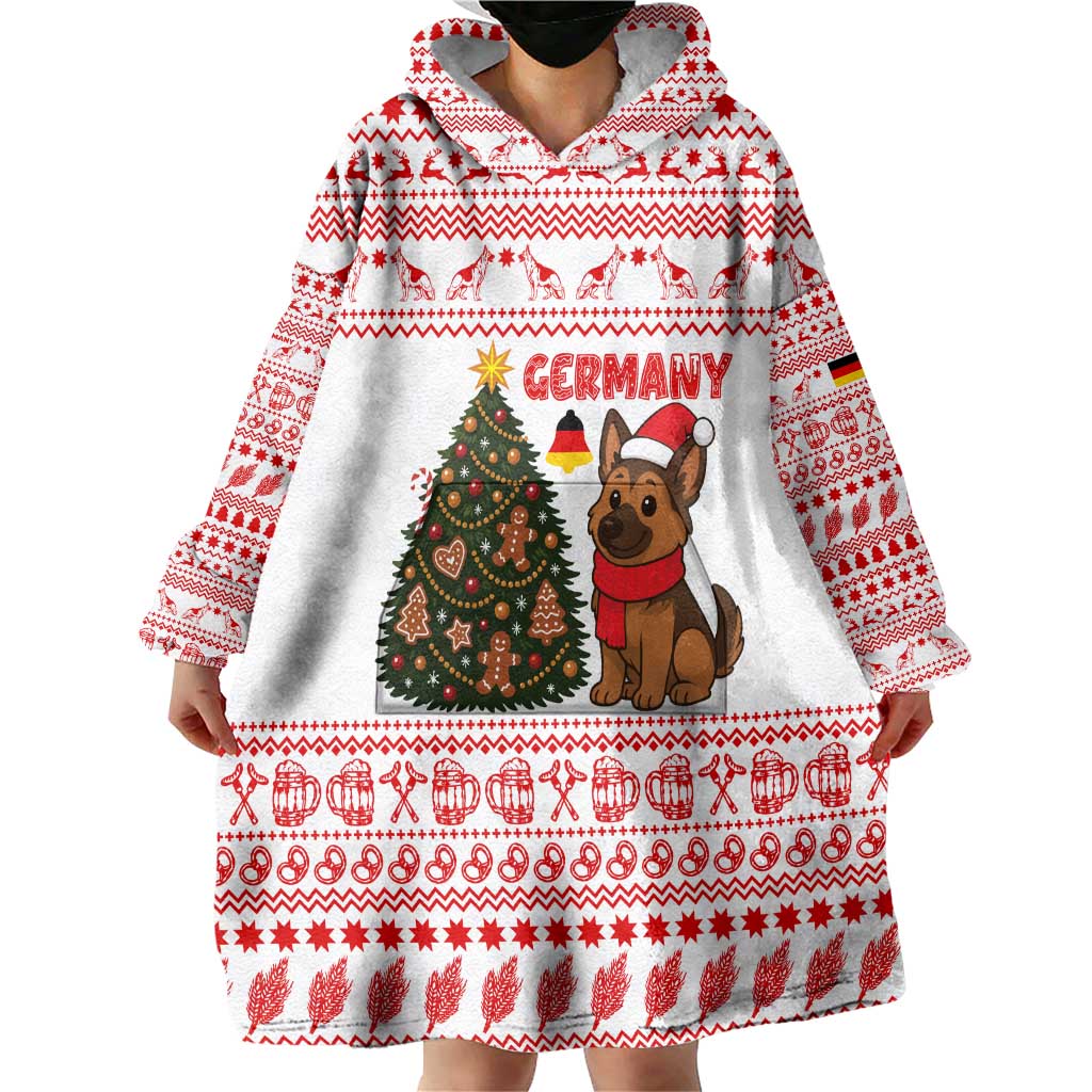 Germany Christmas Wearable Blanket Hoodie with German Shepherd Dog Gingerbread Tree and Red Holiday Pattern - Wonder Print Shop