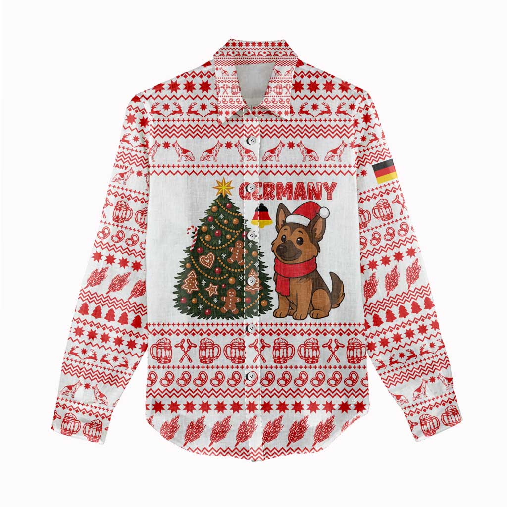 Germany Christmas Women Casual Shirt with German Shepherd Dog Gingerbread Tree and Red Holiday Pattern - Wonder Print Shop