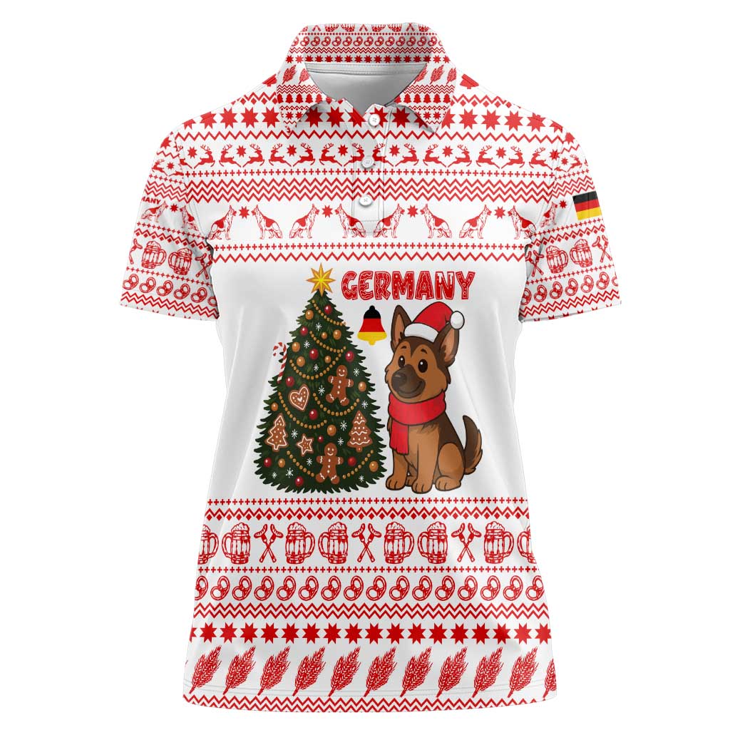 Germany Christmas Women Polo Shirt with German Shepherd Dog Gingerbread Tree and Red Holiday Pattern - Wonder Print Shop