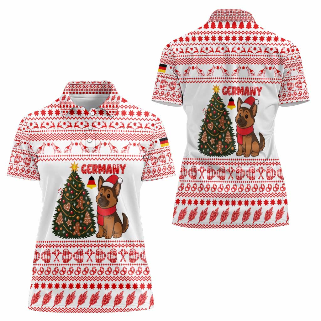 Germany Christmas Women Polo Shirt with German Shepherd Dog Gingerbread Tree and Red Holiday Pattern - Wonder Print Shop