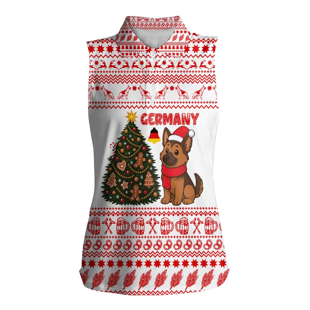 Germany Christmas Women Sleeveless Polo Shirt with German Shepherd Dog Gingerbread Tree and Red Holiday Pattern - Wonder Print Shop