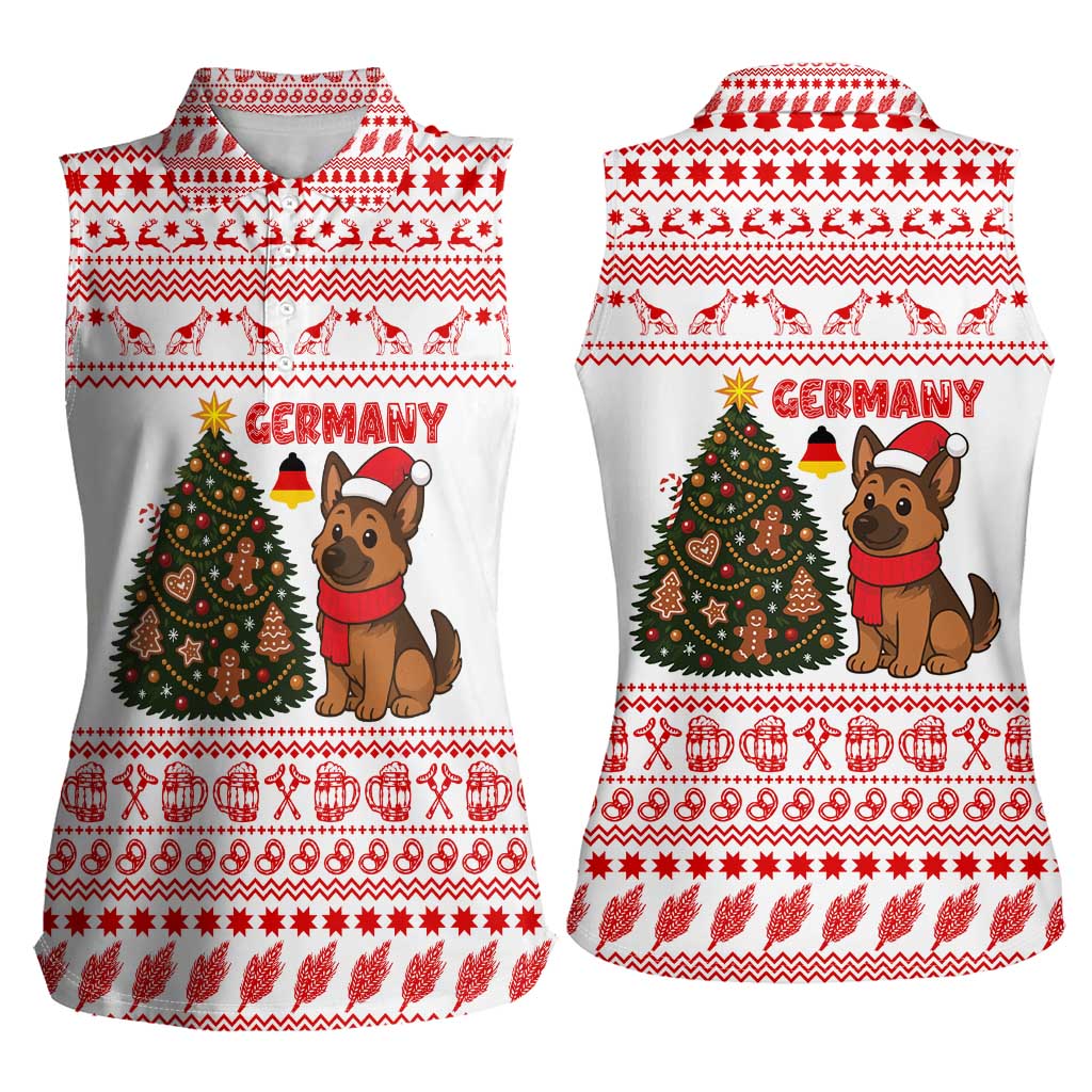 Germany Christmas Women Sleeveless Polo Shirt with German Shepherd Dog Gingerbread Tree and Red Holiday Pattern - Wonder Print Shop