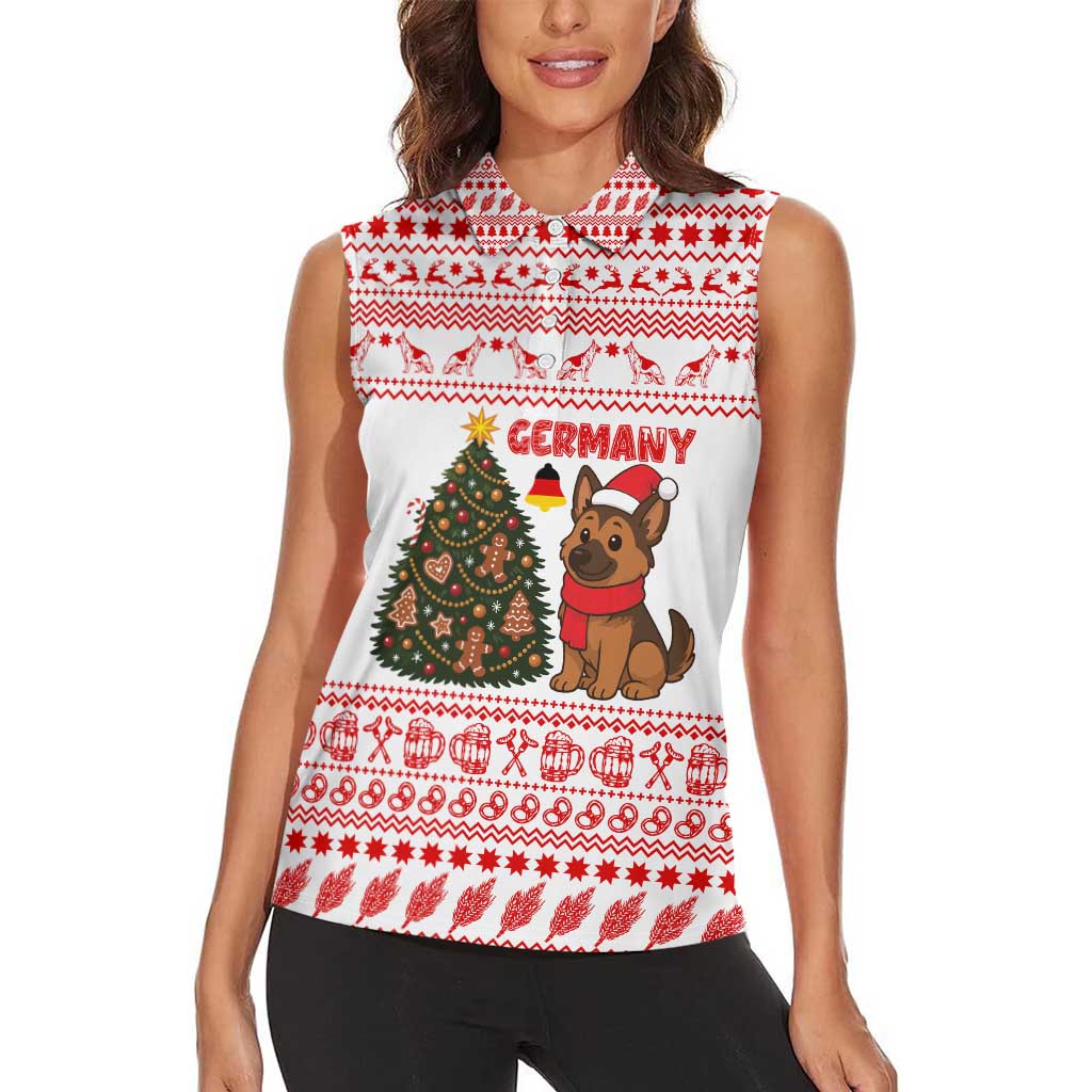 Germany Christmas Women Sleeveless Polo Shirt with German Shepherd Dog Gingerbread Tree and Red Holiday Pattern - Wonder Print Shop