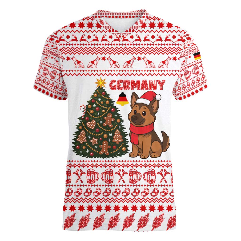 Germany Christmas Women V-Neck T-Shirt with German Shepherd Dog Gingerbread Tree and Red Holiday Pattern - Wonder Print Shop