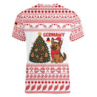 Germany Christmas Women V-Neck T-Shirt with German Shepherd Dog Gingerbread Tree and Red Holiday Pattern - Wonder Print Shop