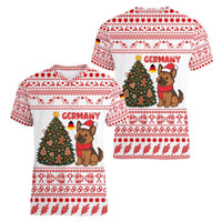 Germany Christmas Women V-Neck T-Shirt with German Shepherd Dog Gingerbread Tree and Red Holiday Pattern - Wonder Print Shop