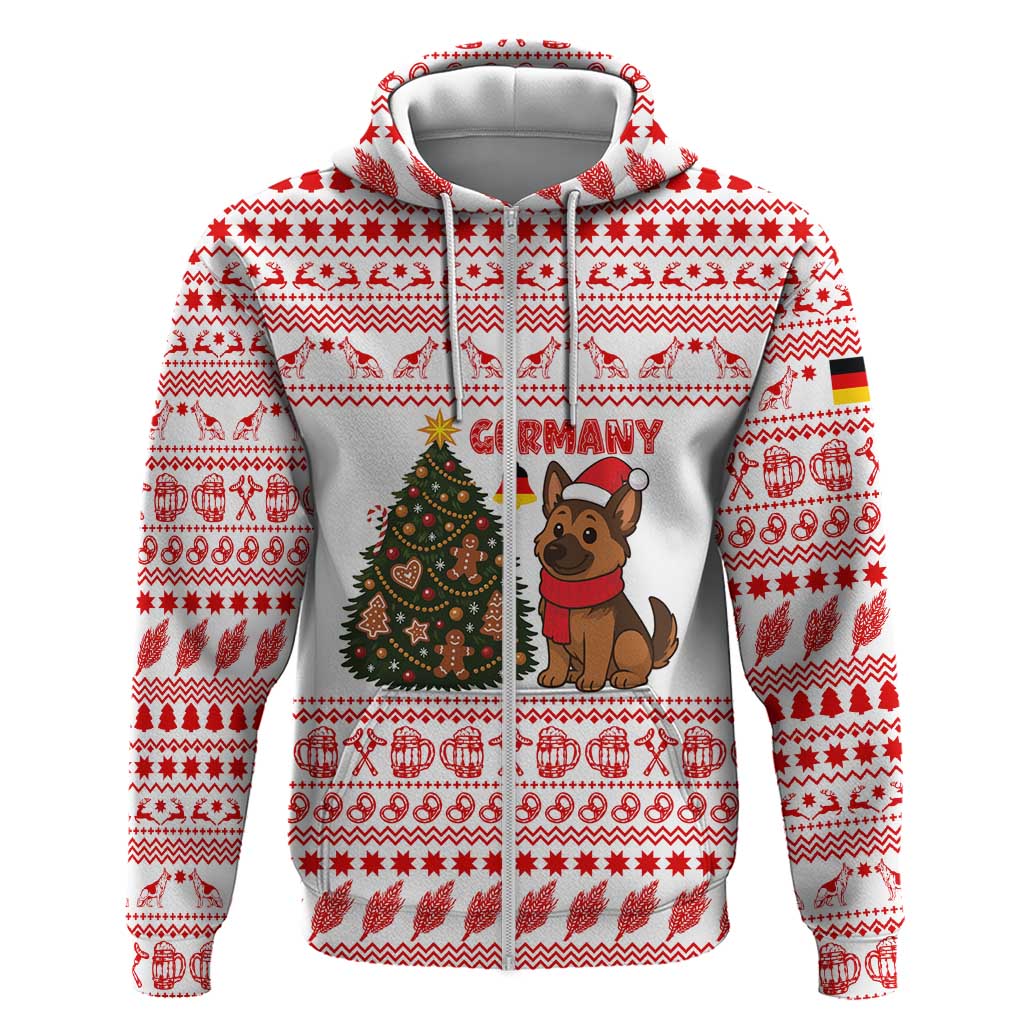 Germany Christmas Zip Hoodie with German Shepherd Dog Gingerbread Tree and Red Holiday Pattern - Wonder Print Shop