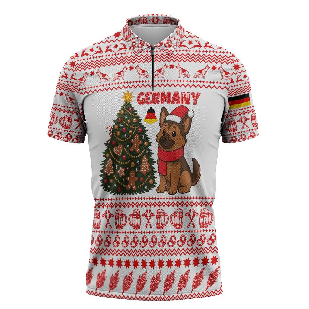 Germany Christmas Zipper Polo Shirt with German Shepherd Dog Gingerbread Tree and Red Holiday Pattern - Wonder Print Shop