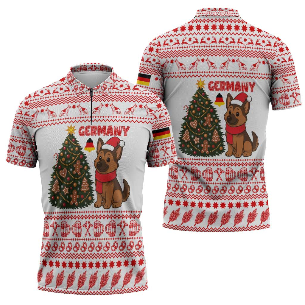 Germany Christmas Zipper Polo Shirt with German Shepherd Dog Gingerbread Tree and Red Holiday Pattern - Wonder Print Shop