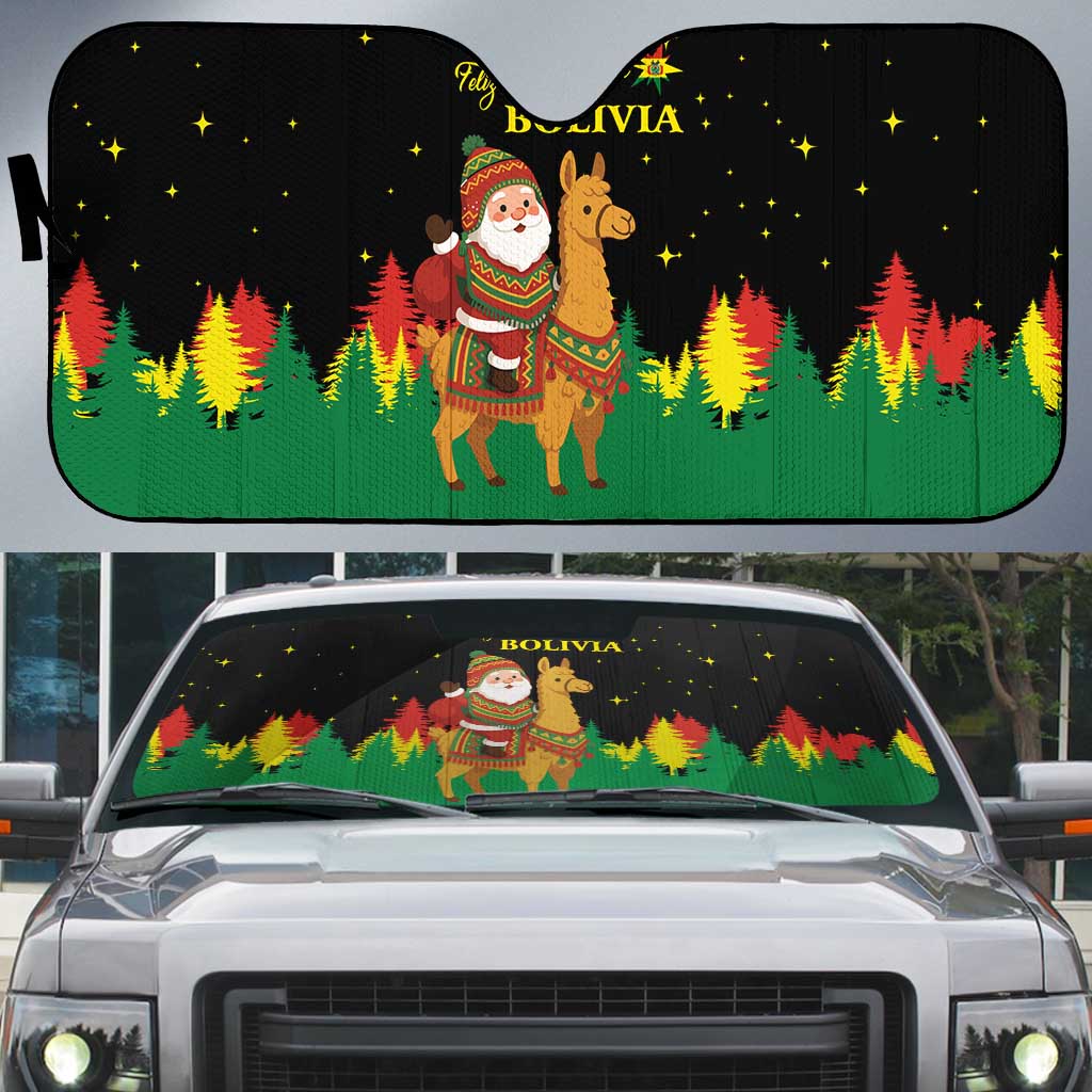 Bolivia Christmas Auto Sun Shade with Santa Claus Llama Andean Outfit and Festive Tree Design - Wonder Print Shop