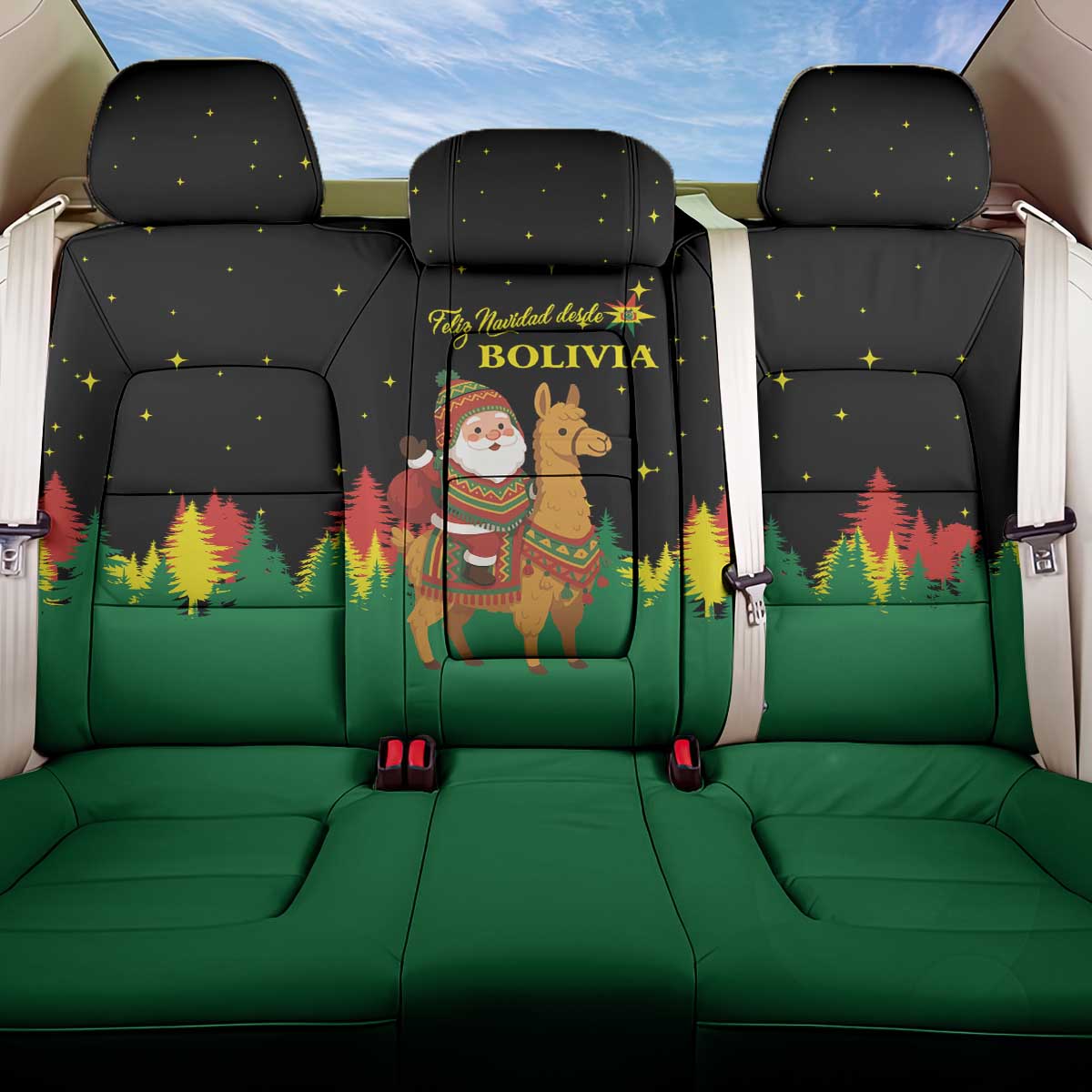 Bolivia Christmas Back Car Seat Cover with Santa Claus Llama Andean Outfit and Festive Tree Design - Wonder Print Shop