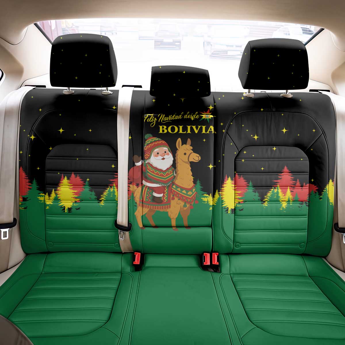 Bolivia Christmas Back Car Seat Cover with Santa Claus Llama Andean Outfit and Festive Tree Design - Wonder Print Shop
