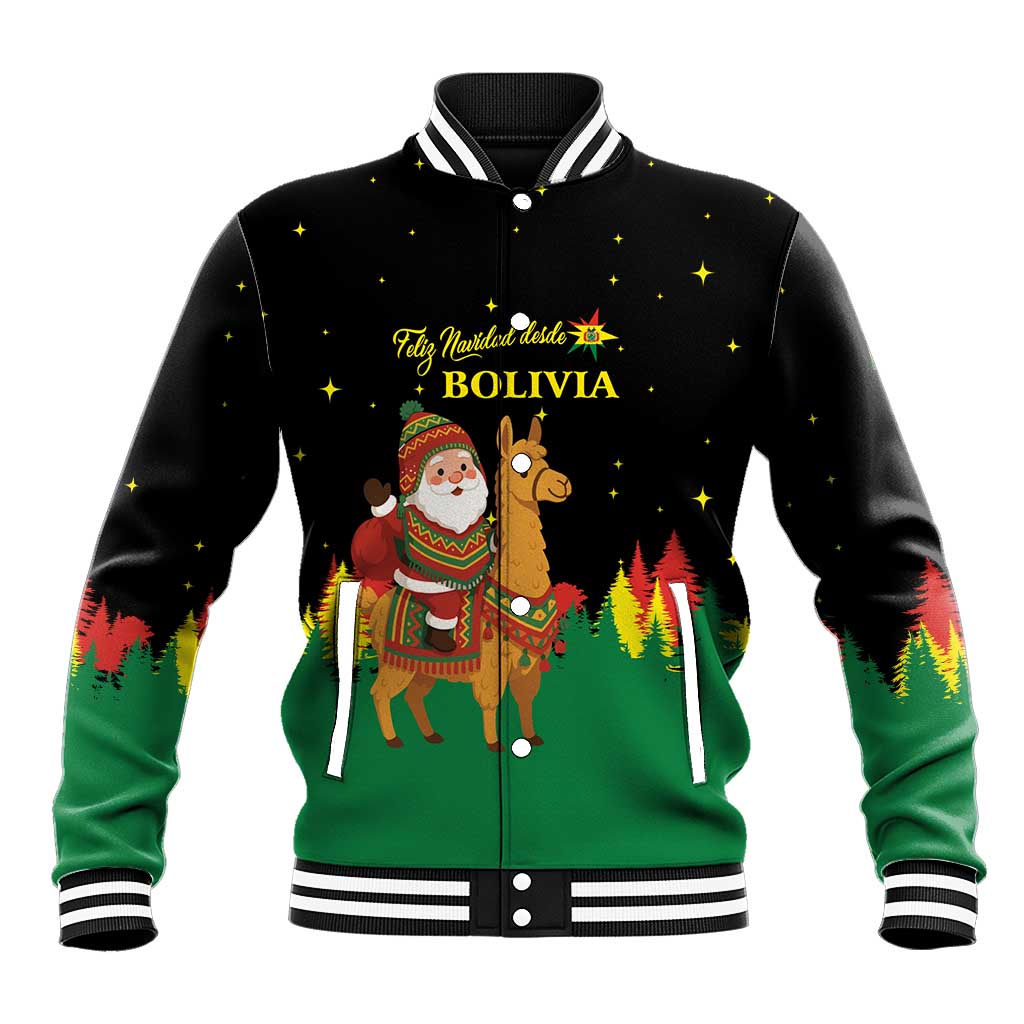Bolivia Christmas Baseball Jacket with Santa Claus Llama Andean Outfit and Festive Tree Design - Wonder Print Shop