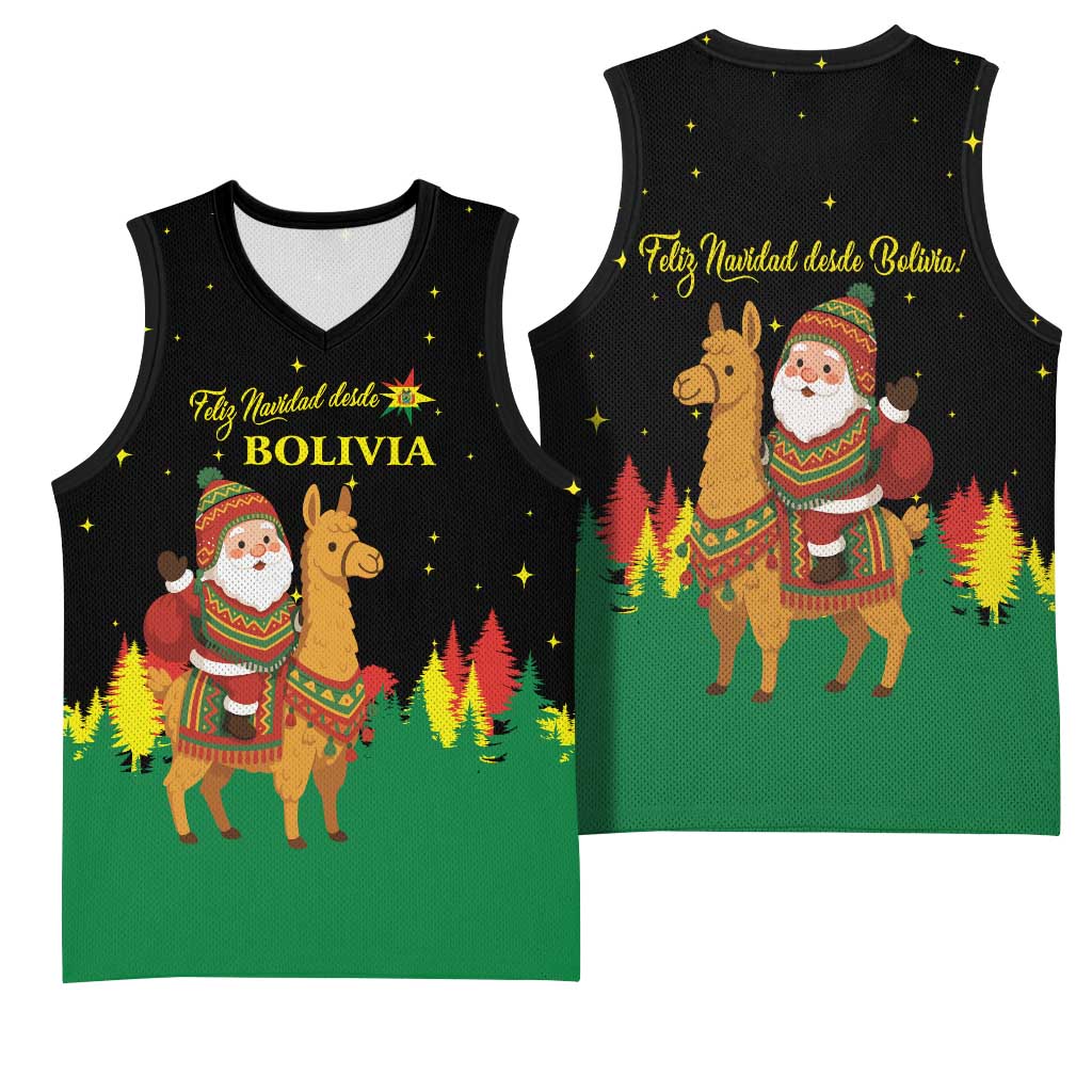 Bolivia Christmas Basketball Jersey with Santa Claus Llama Andean Outfit and Festive Tree Design - Wonder Print Shop