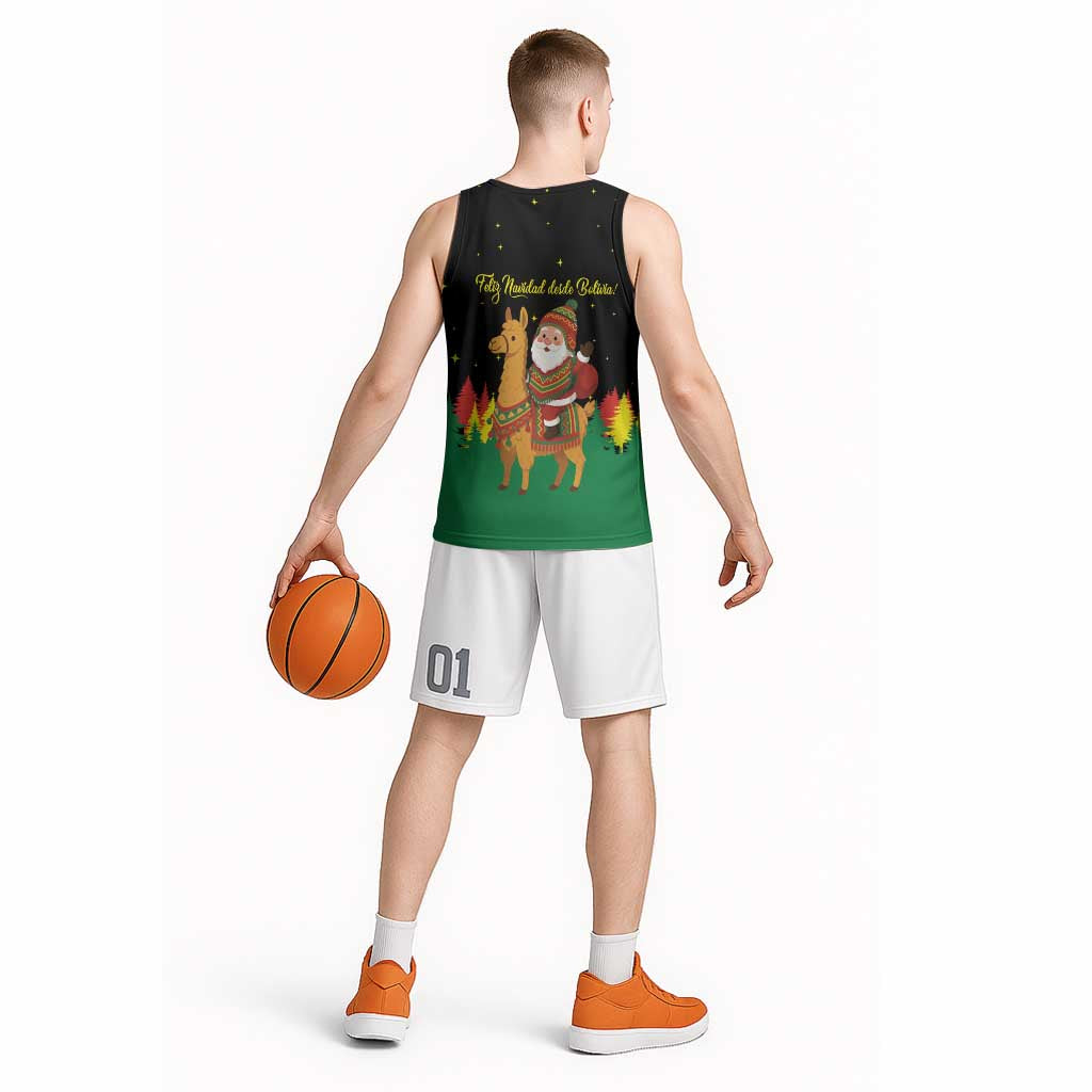 Bolivia Christmas Basketball Jersey with Santa Claus Llama Andean Outfit and Festive Tree Design - Wonder Print Shop