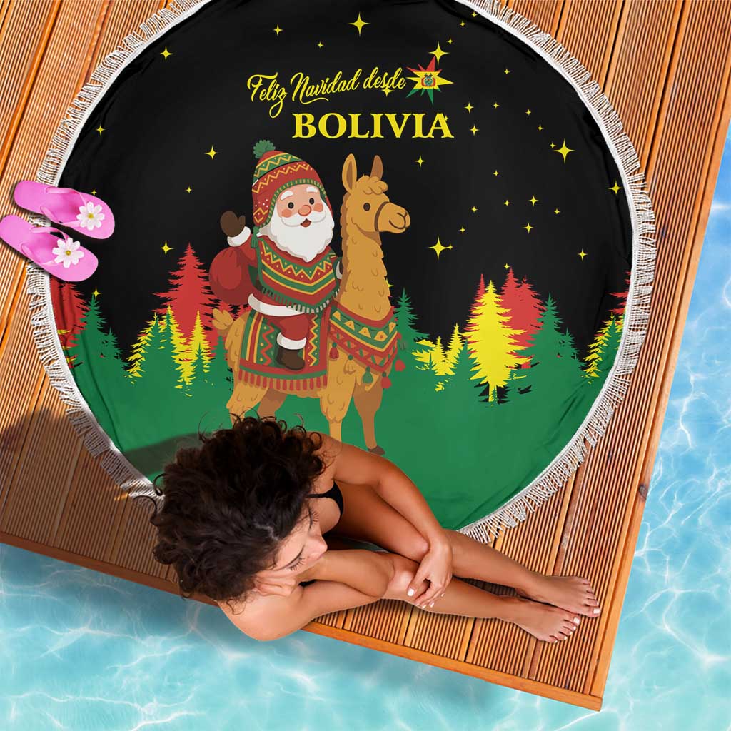 Bolivia Christmas Beach Blanket with Santa Claus Llama Andean Outfit and Festive Tree Design - Wonder Print Shop