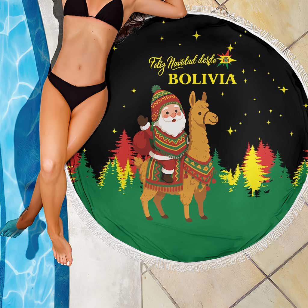 Bolivia Christmas Beach Blanket with Santa Claus Llama Andean Outfit and Festive Tree Design - Wonder Print Shop
