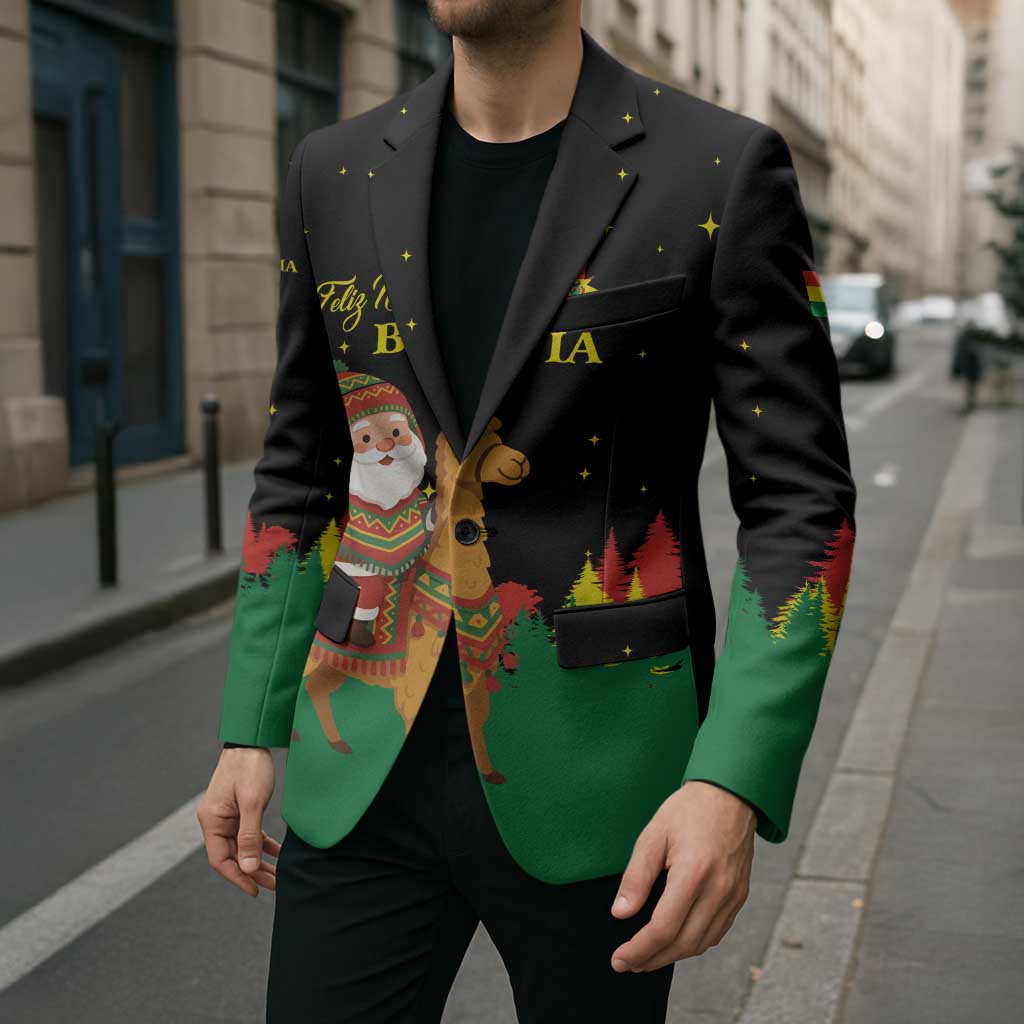 Bolivia Christmas Blazer with Santa Claus Llama Andean Outfit and Festive Tree Design - Wonder Print Shop