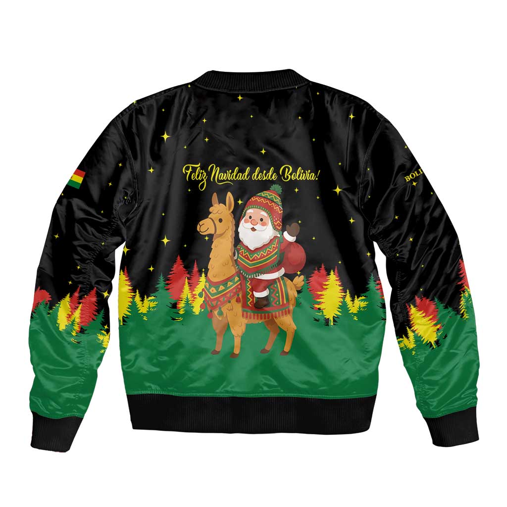 Bolivia Christmas Bomber Jacket with Santa Claus Llama Andean Outfit and Festive Tree Design - Wonder Print Shop