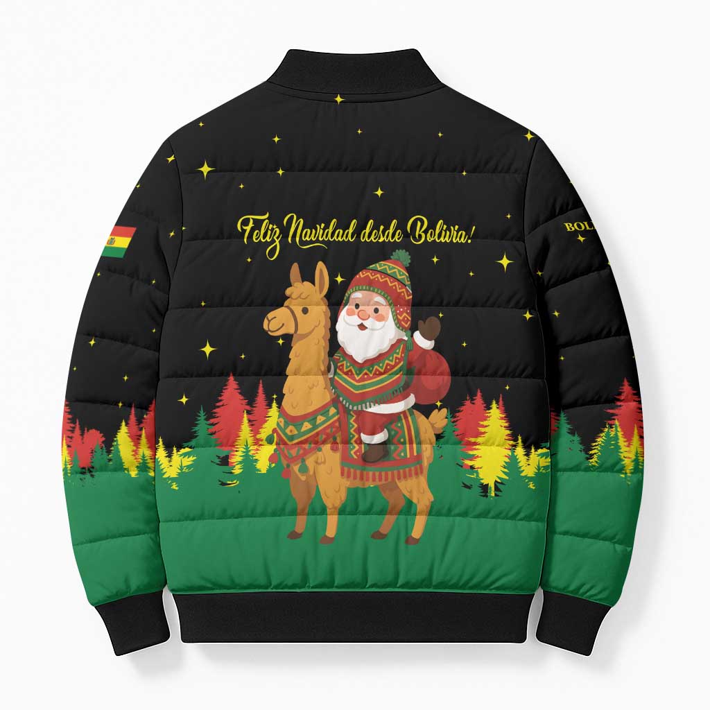 Bolivia Christmas Bomber Puffer Jacket with Santa Claus Llama Andean Outfit and Festive Tree Design - Wonder Print Shop