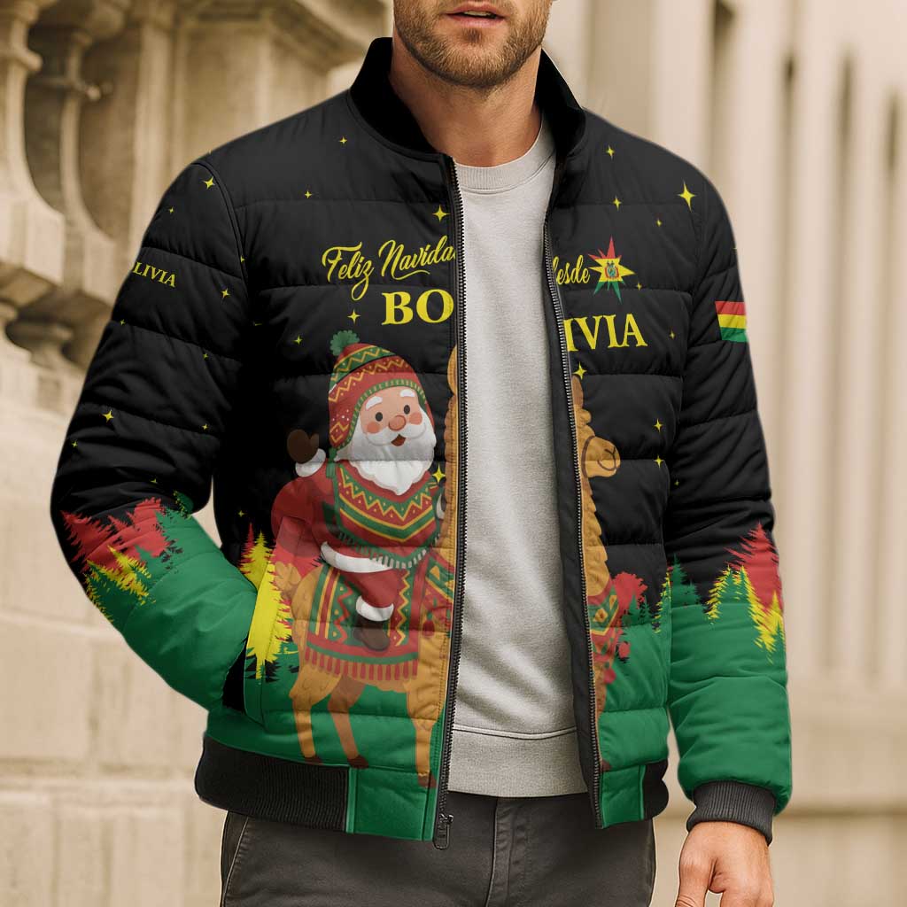 Bolivia Christmas Bomber Puffer Jacket with Santa Claus Llama Andean Outfit and Festive Tree Design - Wonder Print Shop