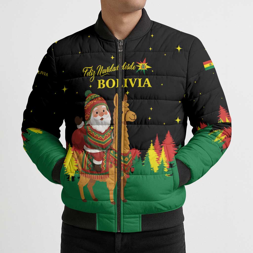Bolivia Christmas Bomber Puffer Jacket with Santa Claus Llama Andean Outfit and Festive Tree Design - Wonder Print Shop