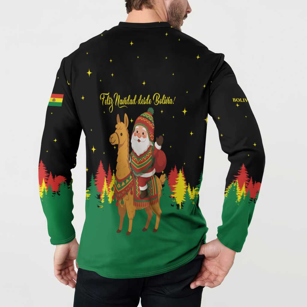 Bolivia Christmas Button Sweatshirt with Santa Claus Llama Andean Outfit and Festive Tree Design - Wonder Print Shop