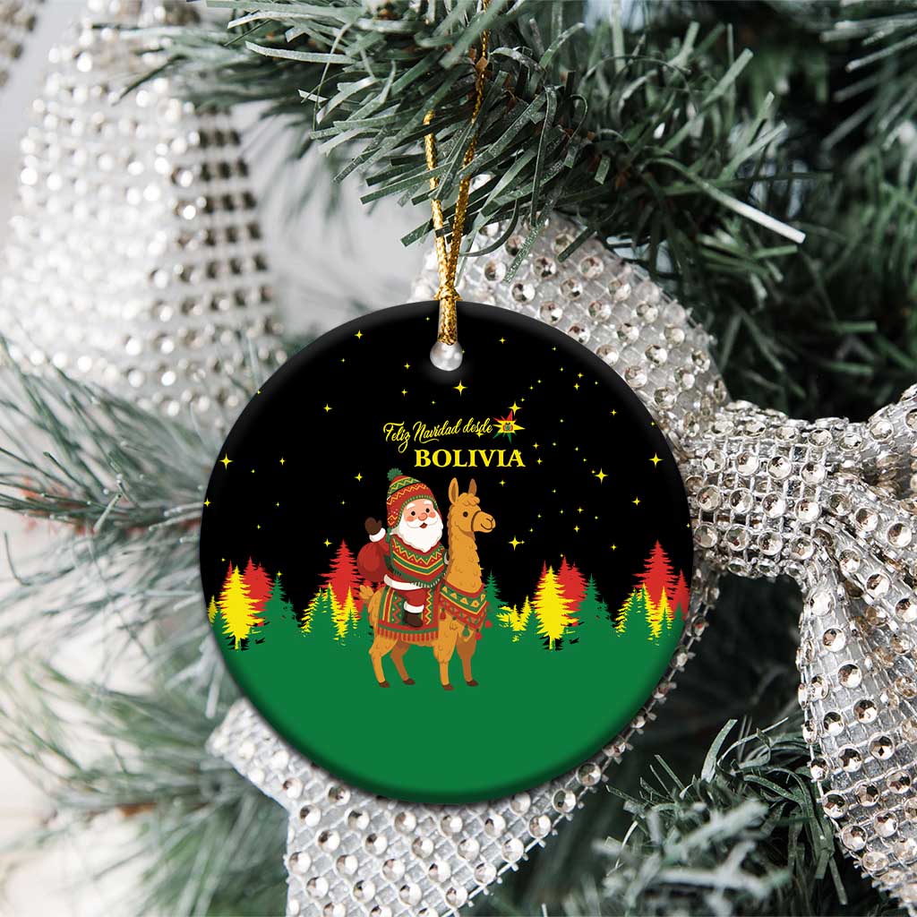 Bolivia Christmas Ceramic Ornament with Santa Claus Llama Andean Outfit and Festive Tree Design - Wonder Print Shop