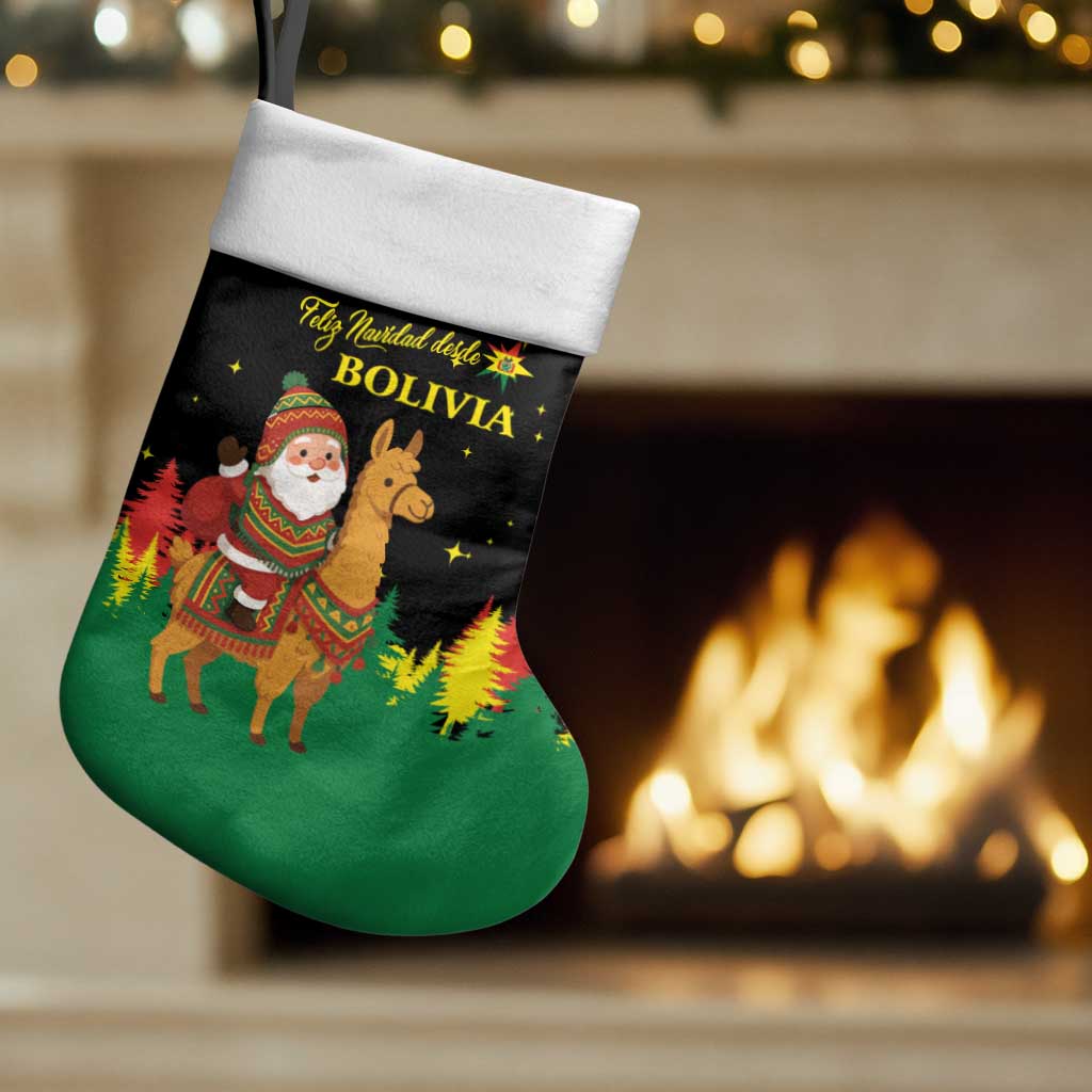 Bolivia Christmas Stocking with Santa Claus Llama Andean Outfit and Festive Tree Design - Wonder Print Shop