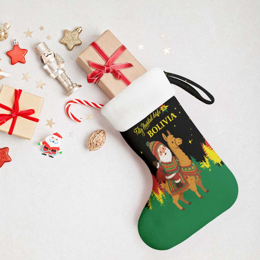 Bolivia Christmas Stocking with Santa Claus Llama Andean Outfit and Festive Tree Design - Wonder Print Shop