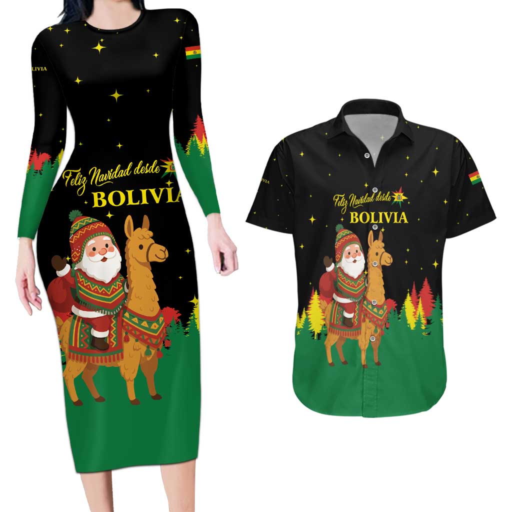 Bolivia Christmas Couples Matching Long Sleeve Bodycon Dress and Hawaiian Shirt with Santa Claus Llama Andean Outfit and Festive Tree Design - Wonder Print Shop