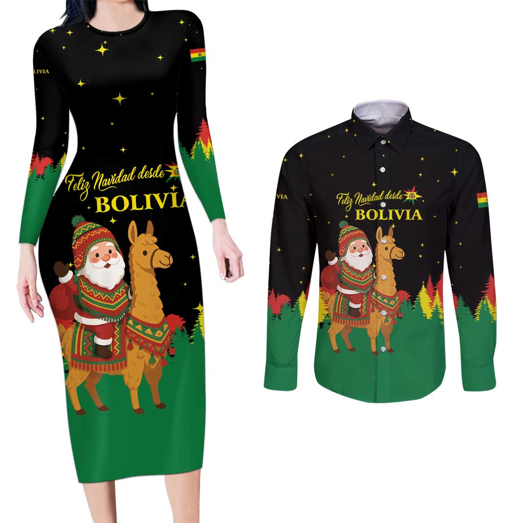Bolivia Christmas Couples Matching Long Sleeve Bodycon Dress and Long Sleeve Button Shirt with Santa Claus Llama Andean Outfit and Festive Tree Design - Wonder Print Shop